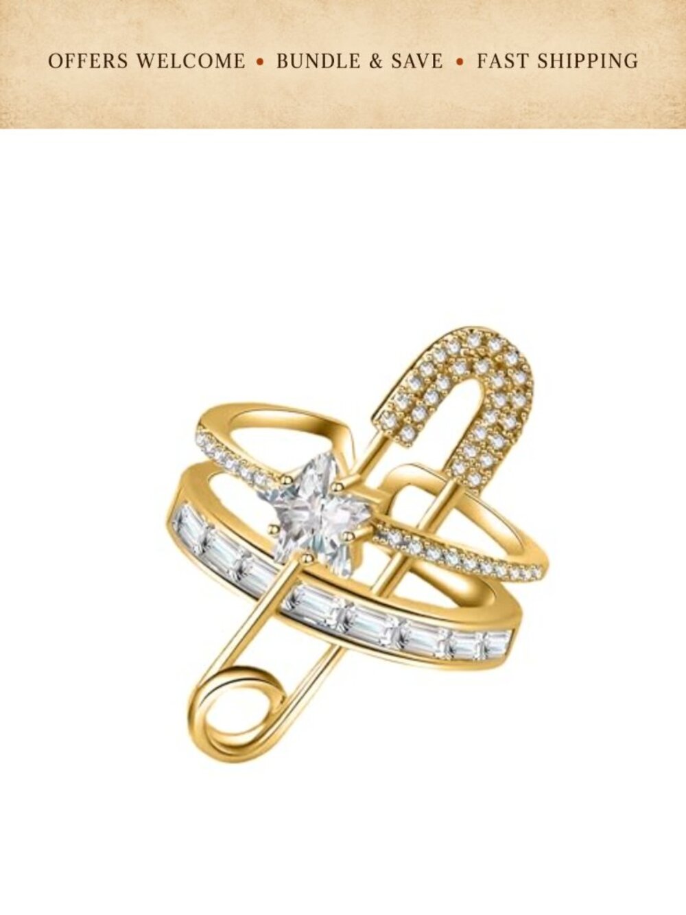 Gold Plated Safety Pin Open Ring Natural Zircon Edgy Statement Jewelry